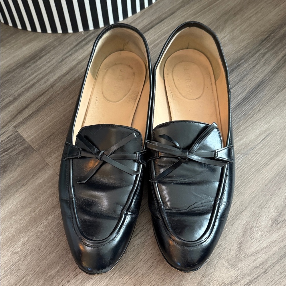 J. Crew Black Leather Loafers with Bow Trim